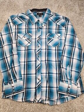 ELY 1878 Western Shirt Mens XXL Blue Plaid Pearl Snap Cotton Cowboy Workwear